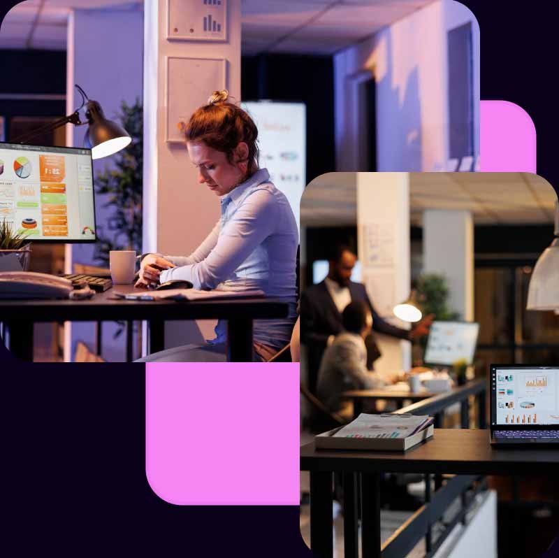 Professionnels travaillant sur un laptop affichant SEO et analytics avec icônes flottants