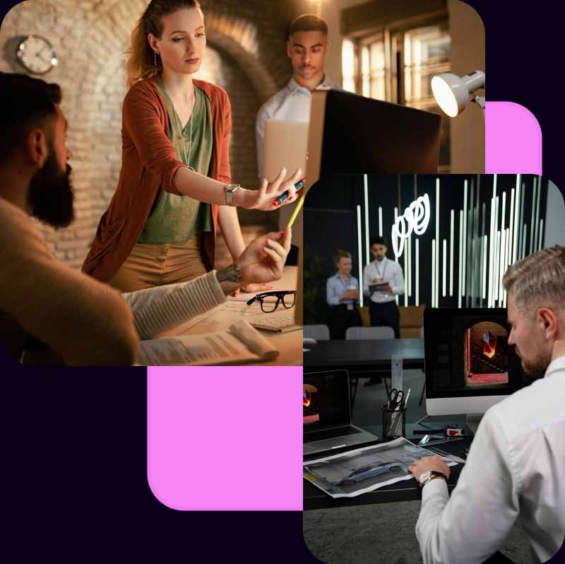 Équipe d’agence digitale analysant des données marketing sur écran avec graphiques et icônes flottants